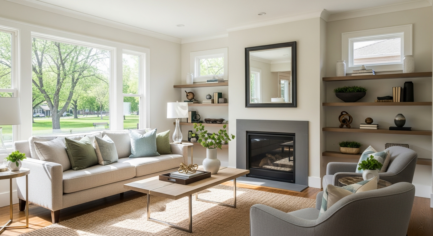 Elegant updated Denver bungalow interior near a park with warm transitional luxury furnishings